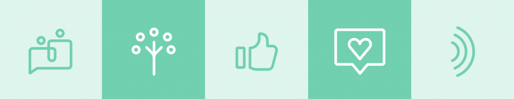 icons in the Canopi branding light and dark green images showing conversations, a thumbs up, a heart, and listening